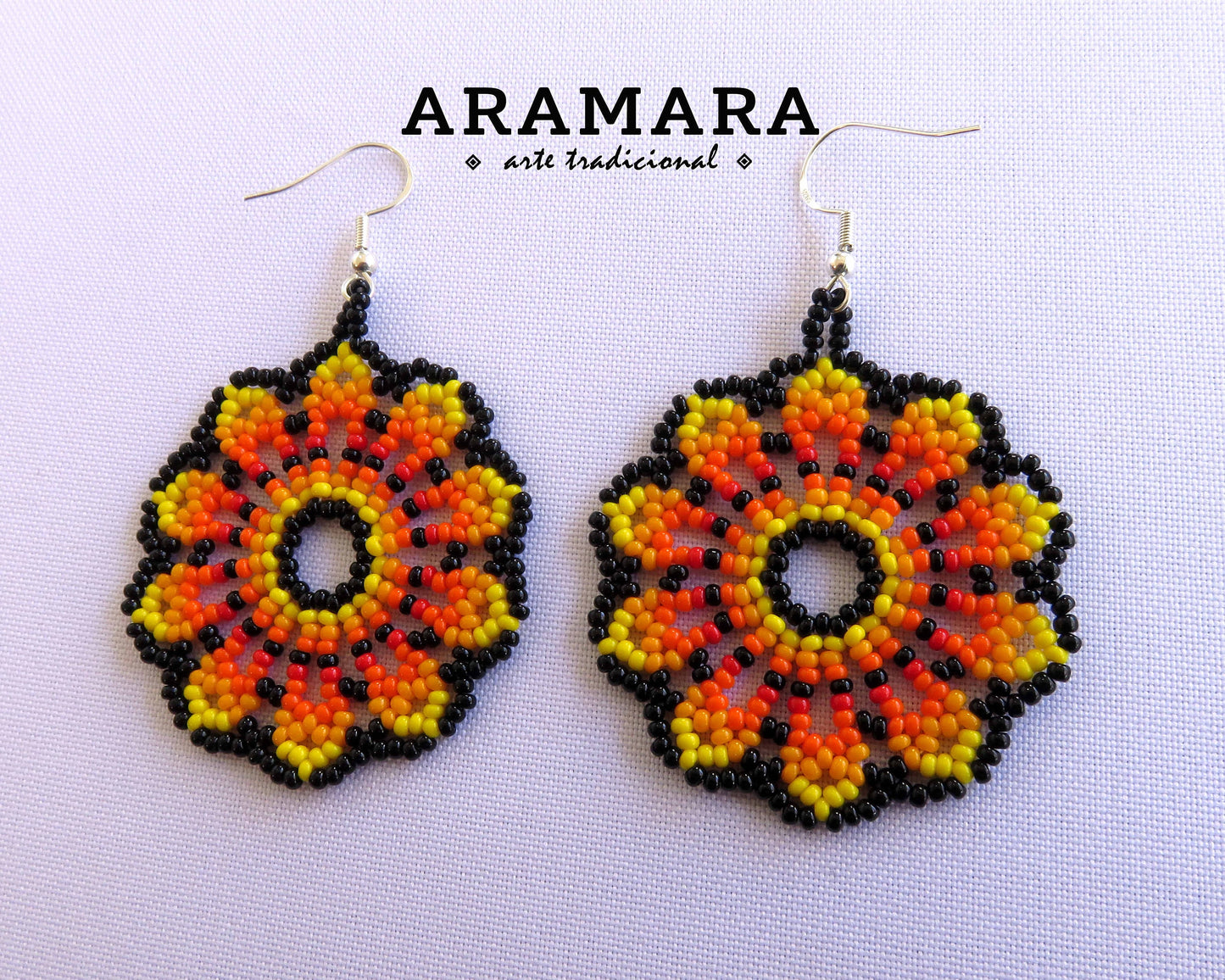 Yellow and Orange Huichol Beaded Flower Earrings | AF-0946