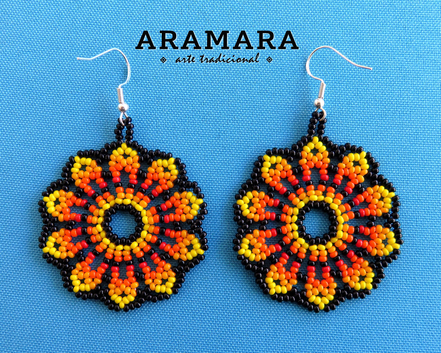 Yellow and Orange Huichol Beaded Flower Earrings | AF-0946