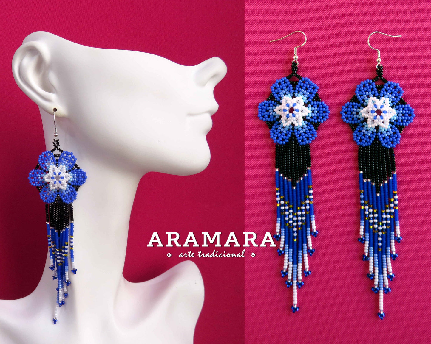 Blue and White Huichol Beaded Flower Earrings | AF-0947