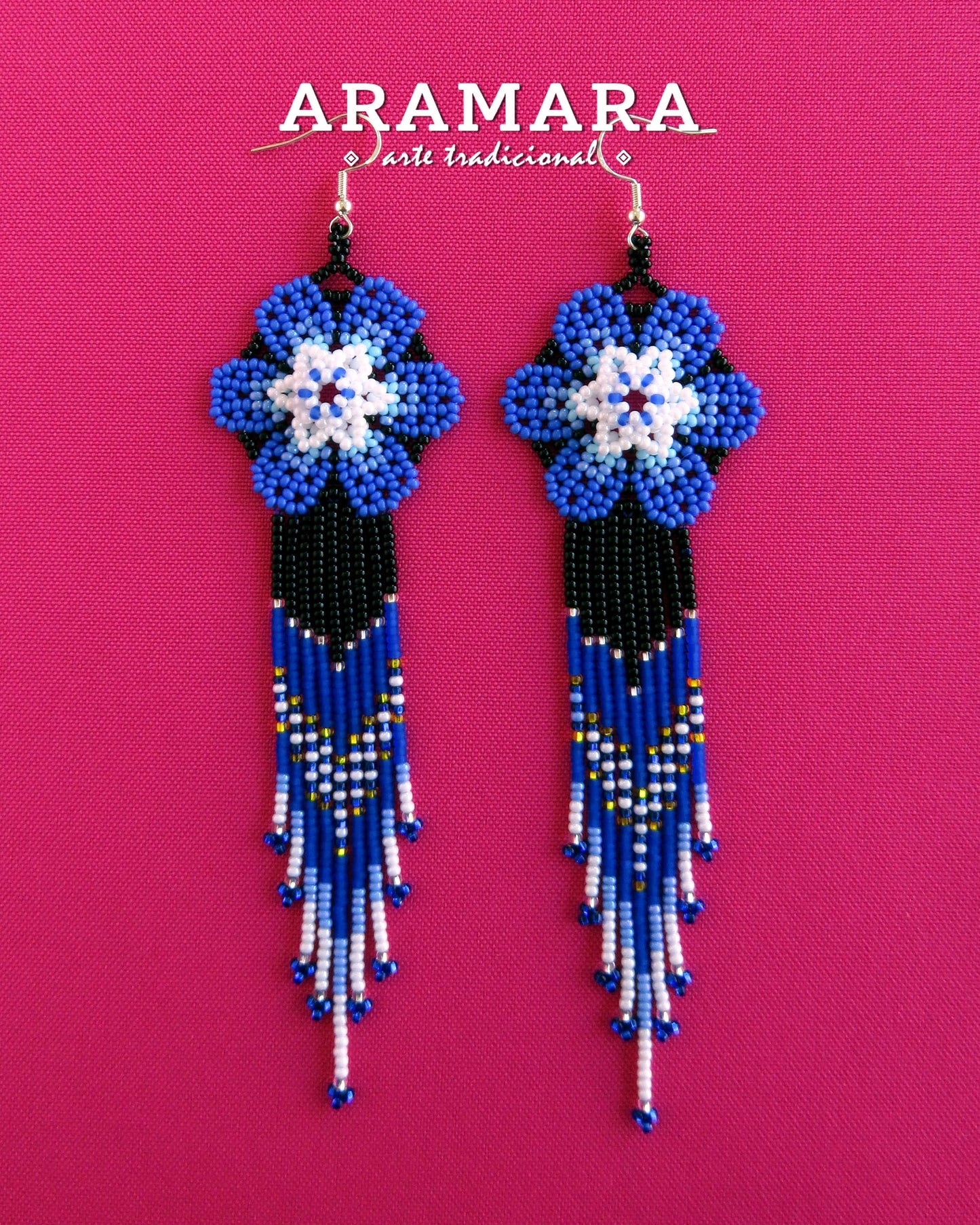 Blue and White Huichol Beaded Flower Earrings | AF-0947