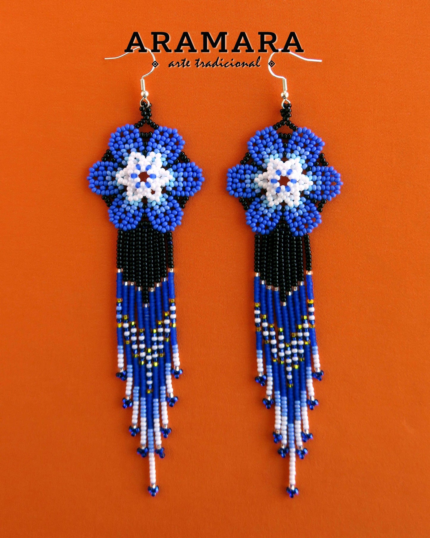 Blue and White Huichol Beaded Flower Earrings | AF-0947