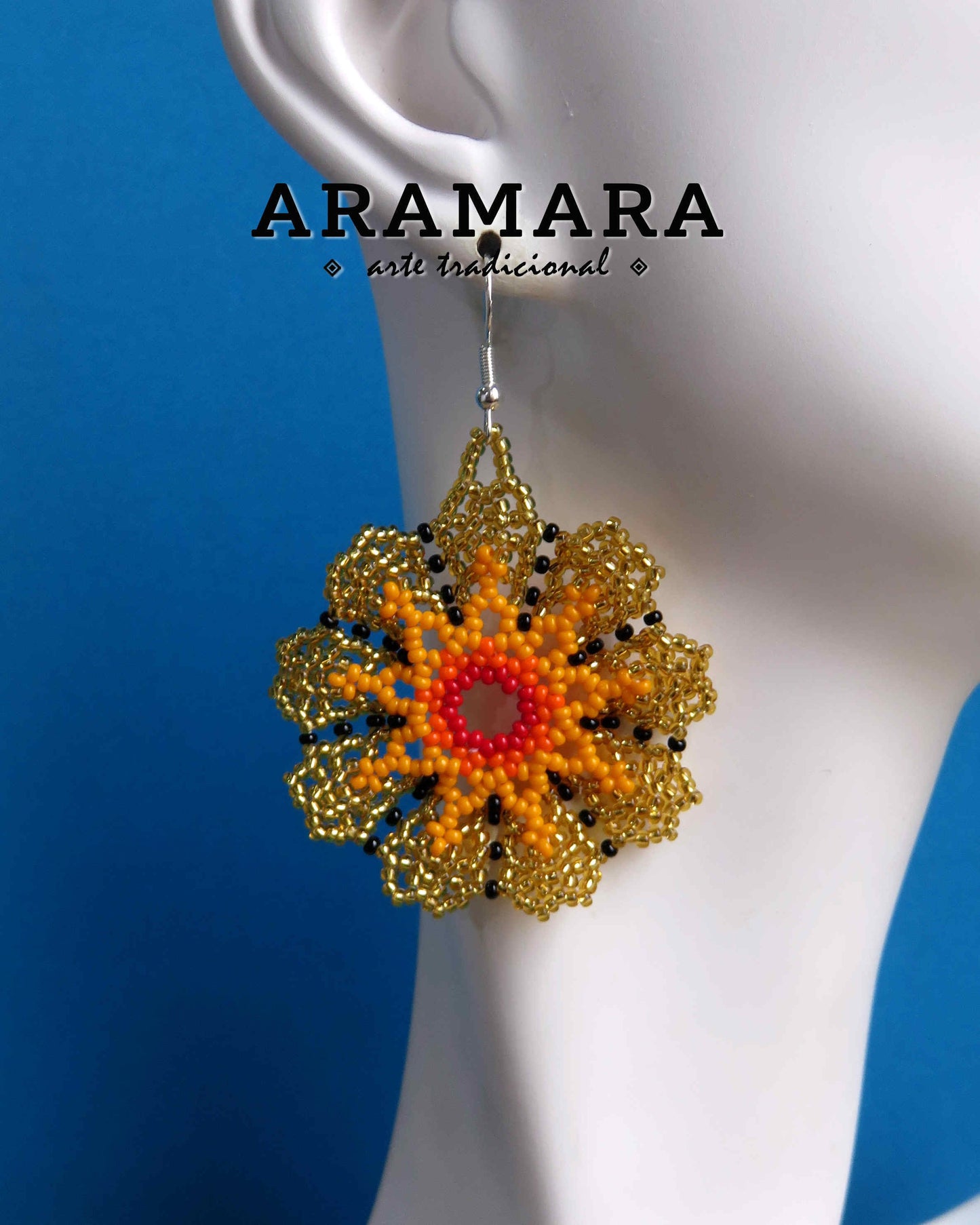 Yellow and golden Huichol Beaded Flower Earrings | AF-0934