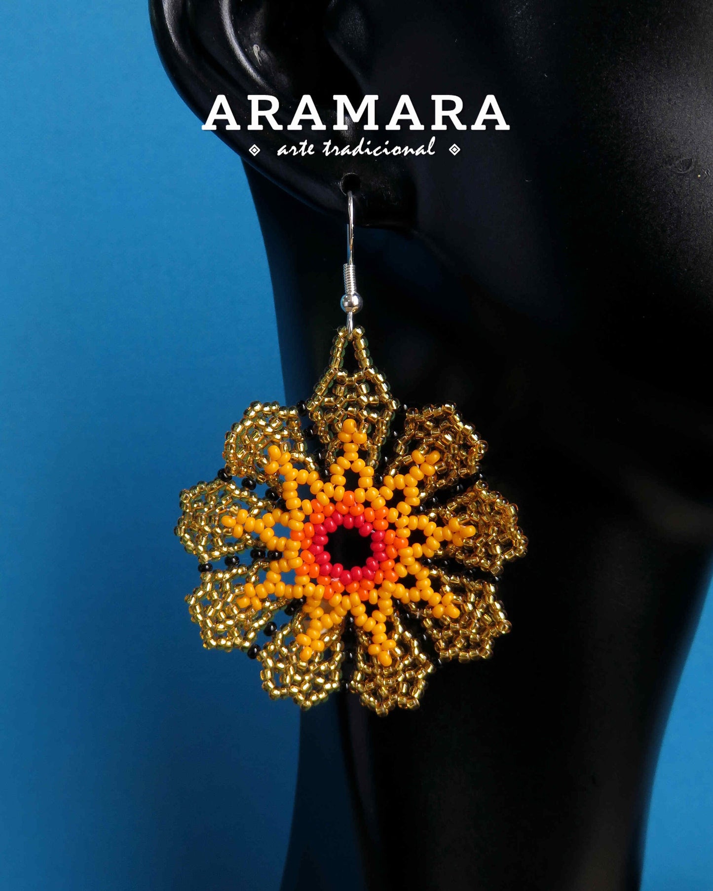 Yellow and golden Huichol Beaded Flower Earrings | AF-0934