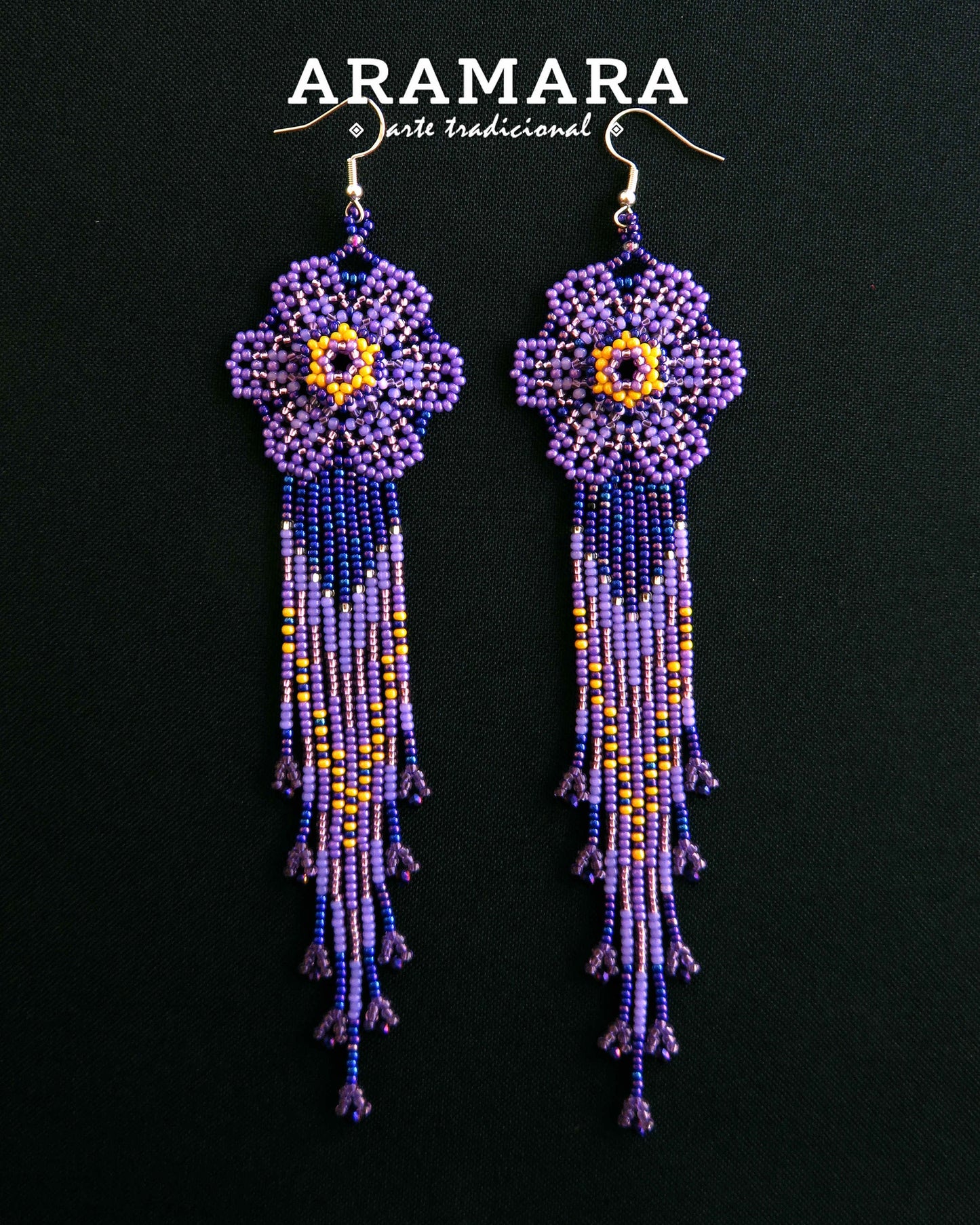 Purple and yellow Huichol Beaded Flower earrings | AF-0949