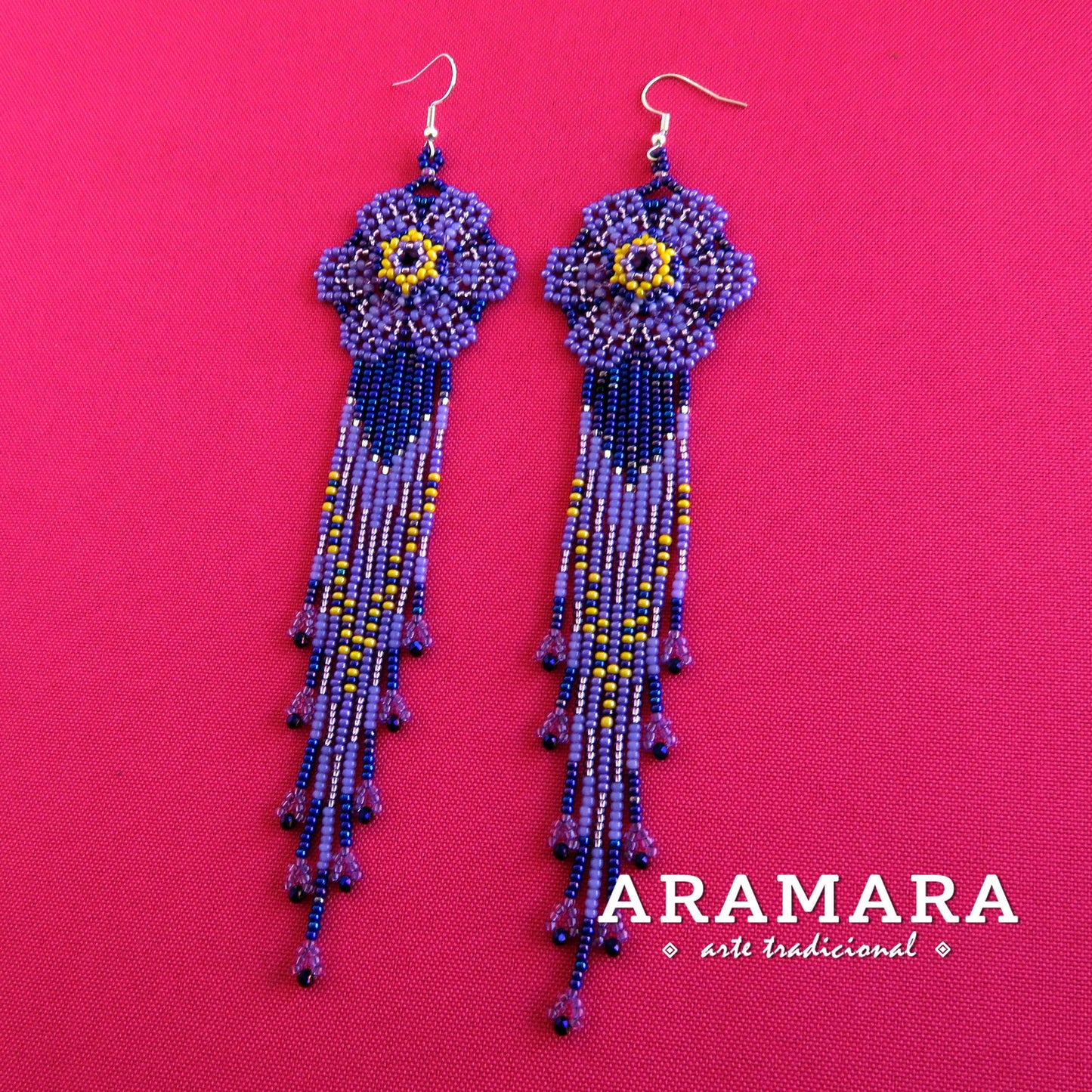 Purple and yellow Huichol Beaded Flower earrings | AF-0949