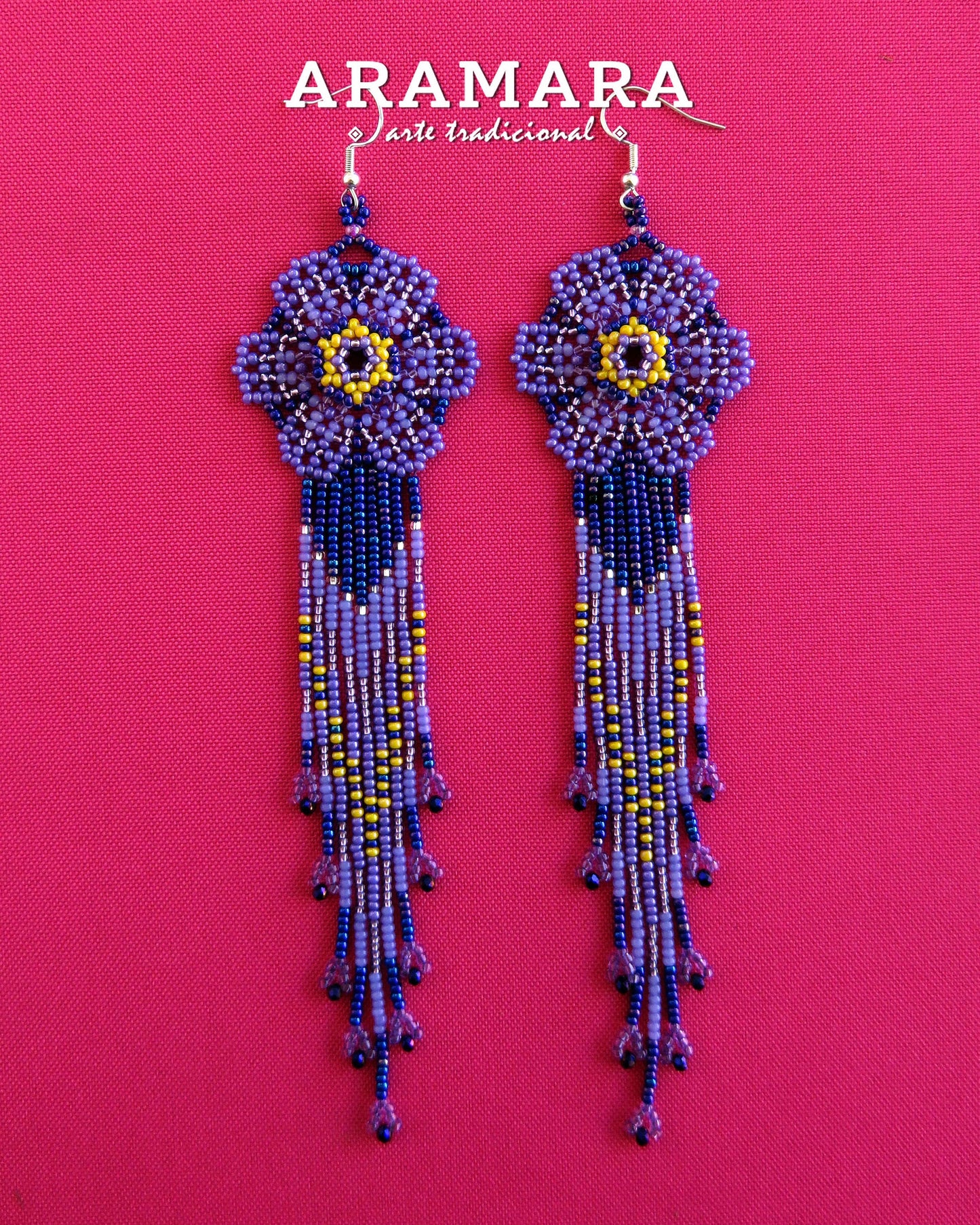 Purple and yellow Huichol Beaded Flower earrings | AF-0949