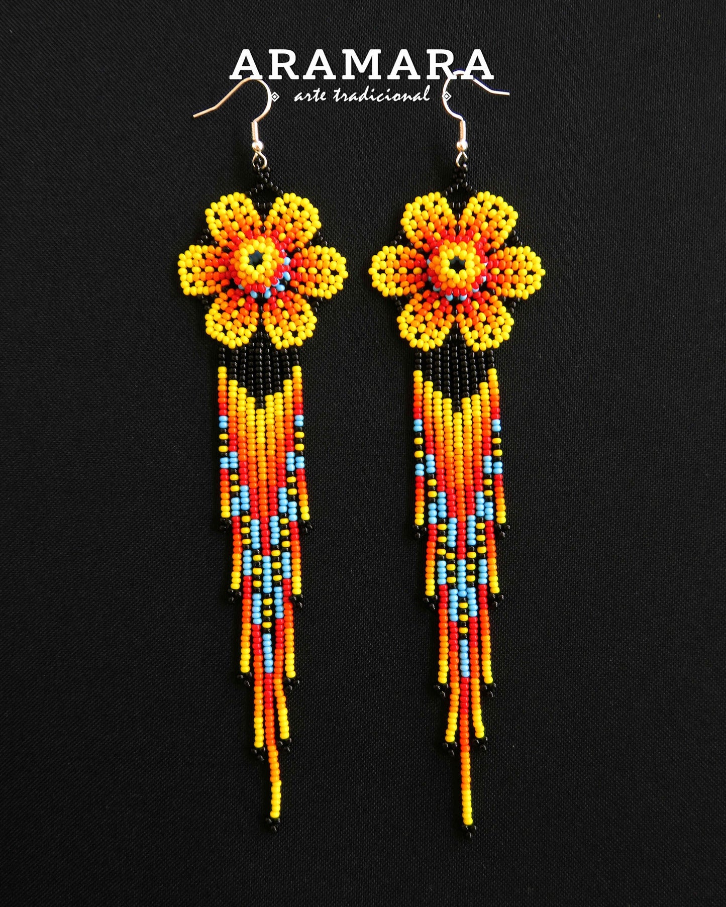 Yellow Huichol Beaded Flower Earrings | AF-0860