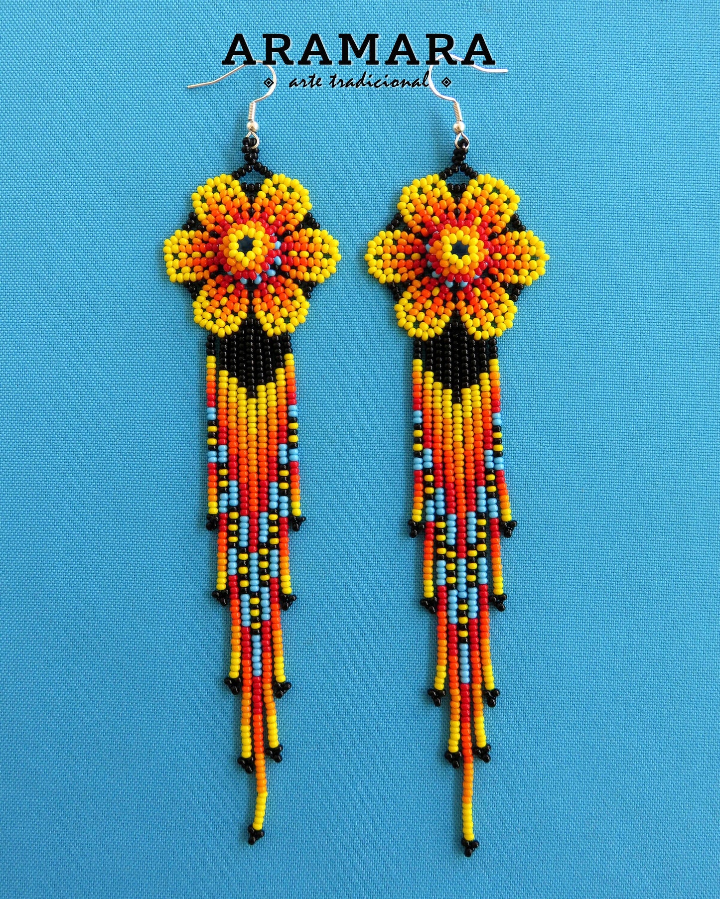 Yellow Huichol Beaded Flower Earrings | AF-0860