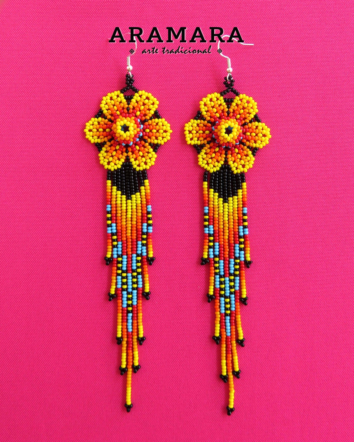 Yellow Huichol Beaded Flower Earrings | AF-0860