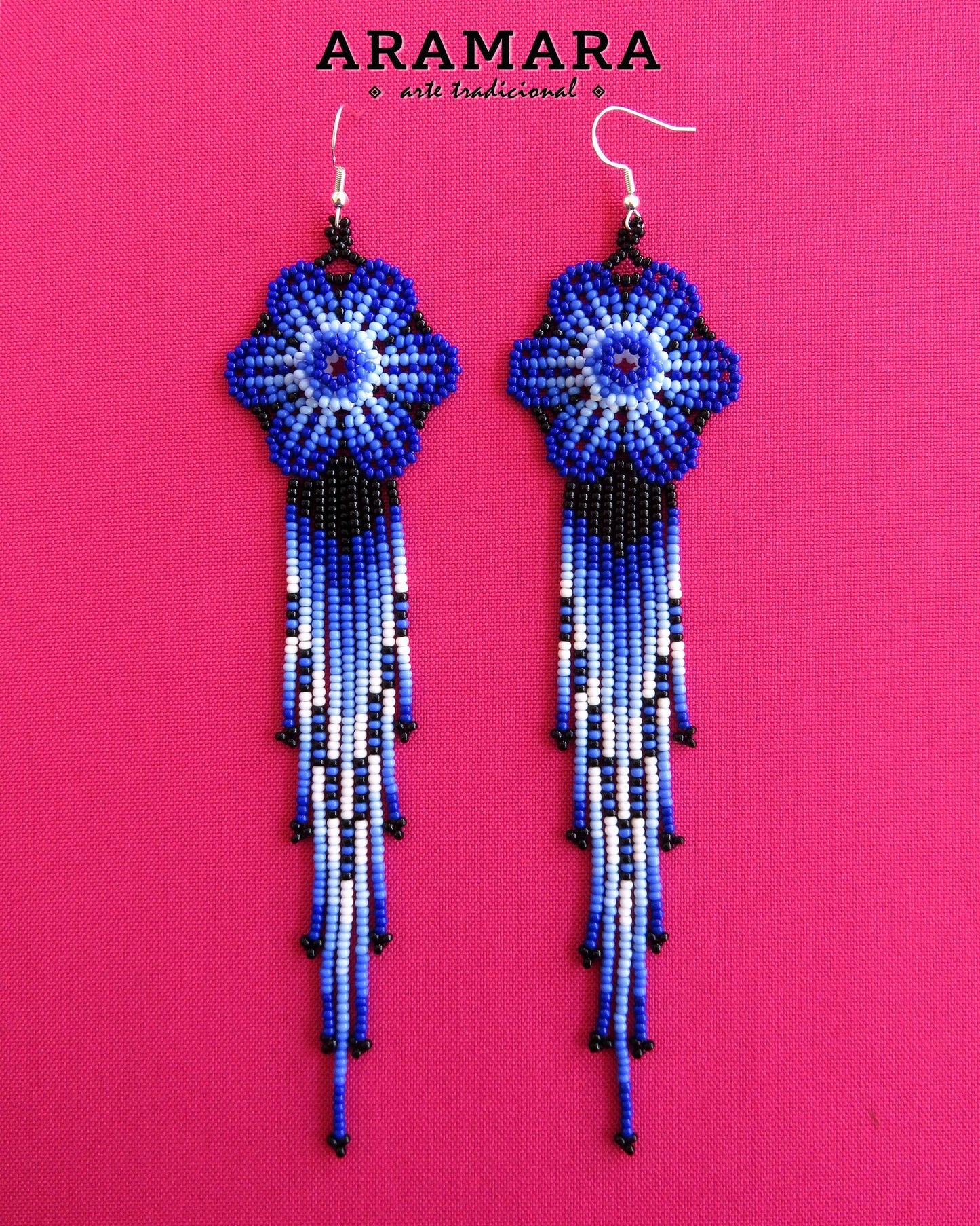 Blue Huichol Beaded Flower Earrings | AF-0870