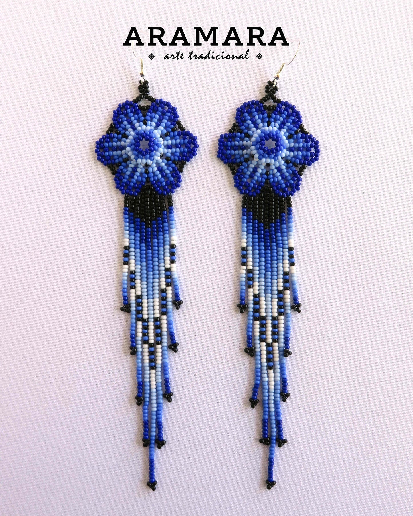 Blue Huichol Beaded Flower Earrings | AF-0870