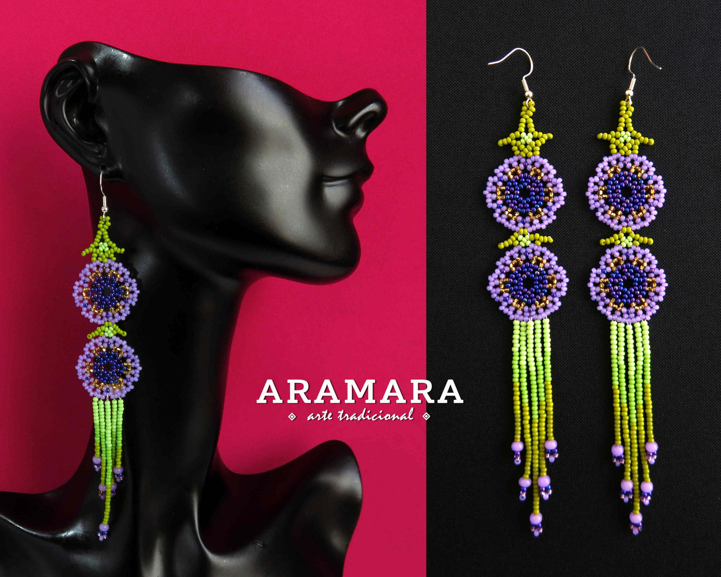 Purple and green Huichol Beaded Flower earrings | AF-0950