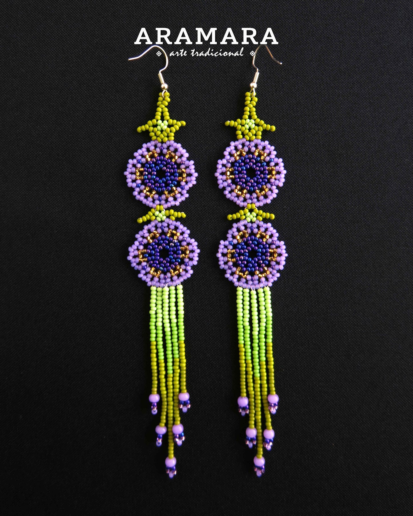 Purple and green Huichol Beaded Flower earrings | AF-0950