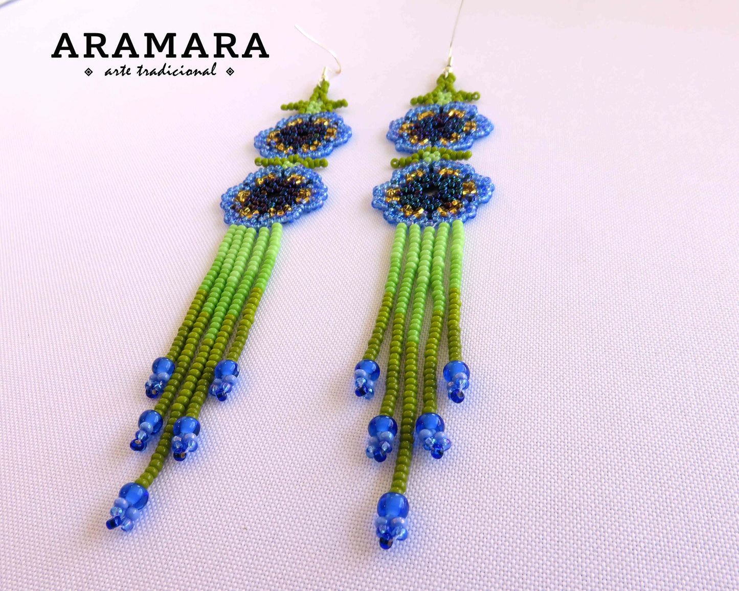Blue and Green Huichol Beaded Flower Earrings | AF-0951