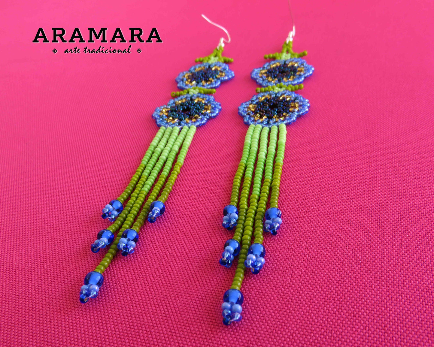 Blue and Green Huichol Beaded Flower Earrings | AF-0951