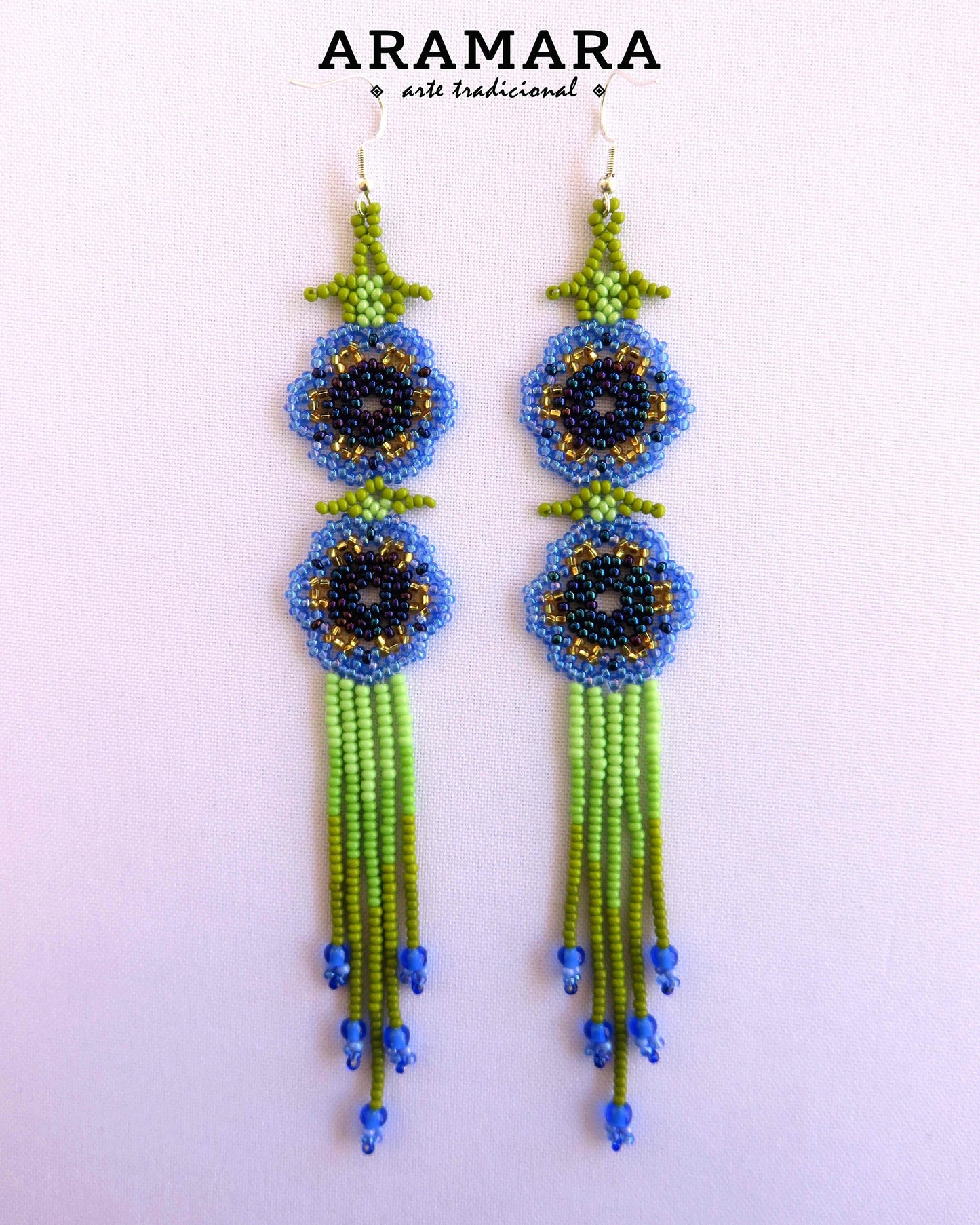 Blue and Green Huichol Beaded Flower Earrings | AF-0951