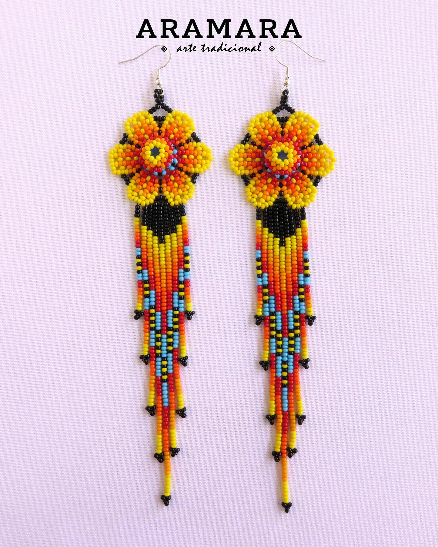 Yellow Huichol Beaded Flower Earrings | AF-0860