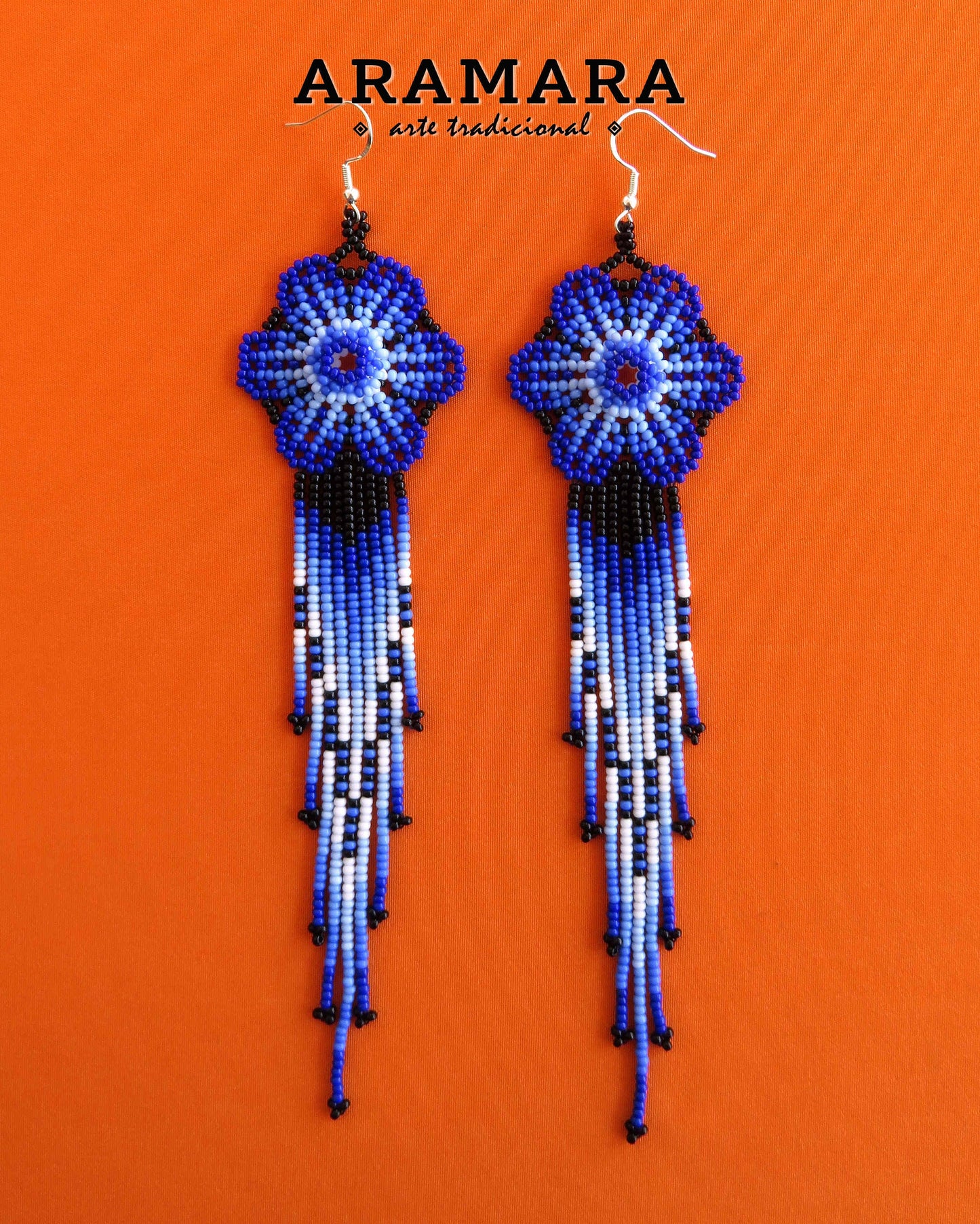 Blue Huichol Beaded Flower Earrings | AF-0870