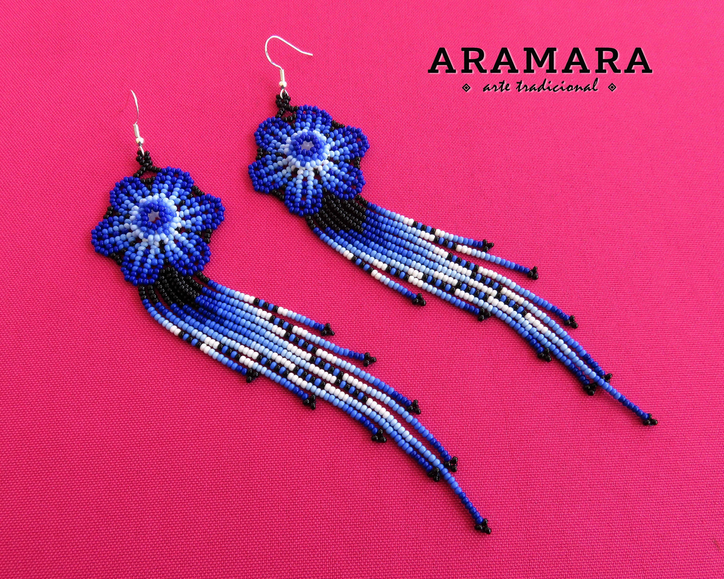 Blue Huichol Beaded Flower Earrings | AF-0870