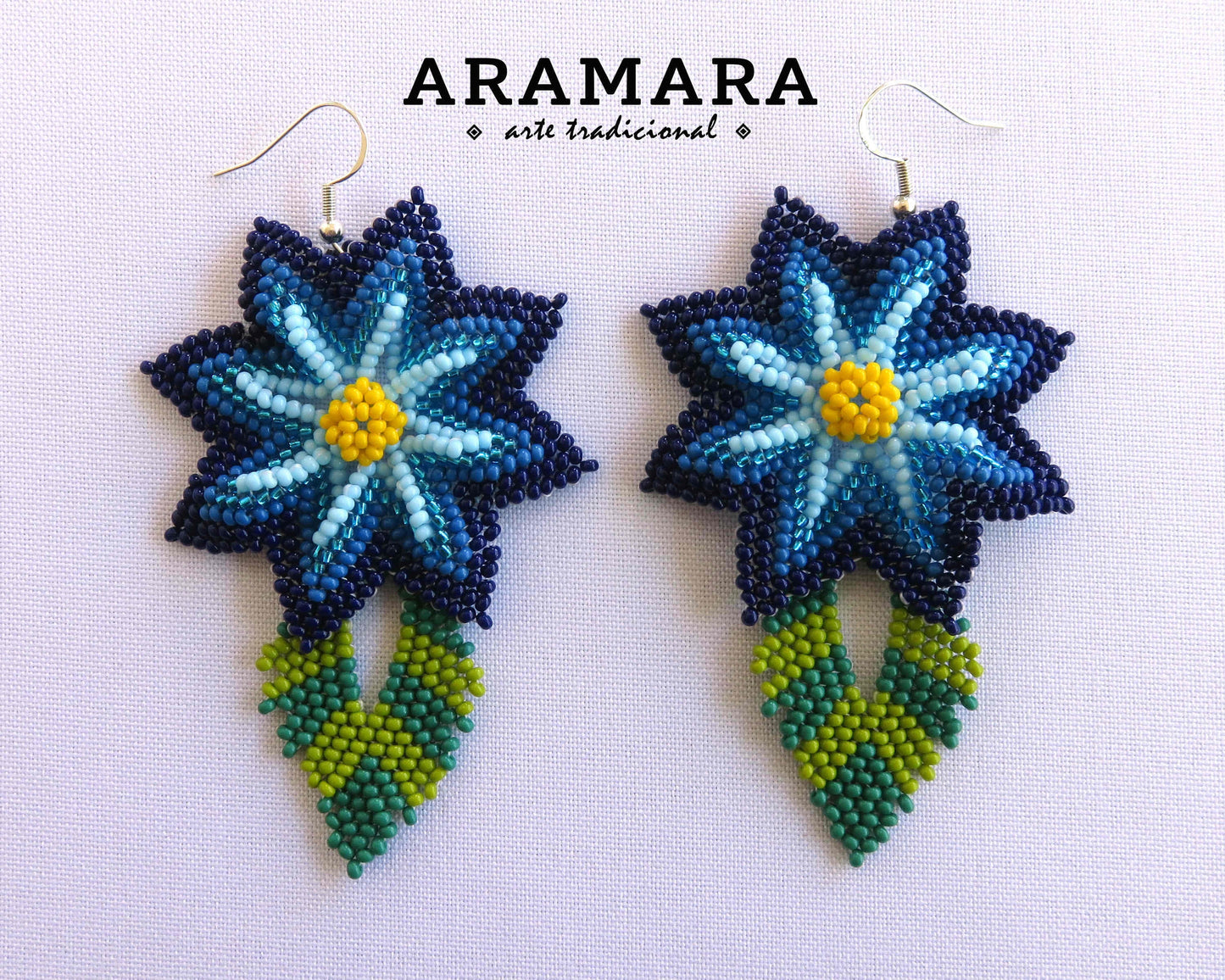 Blue Huichol Beaded Flower Earrings | AF-0912