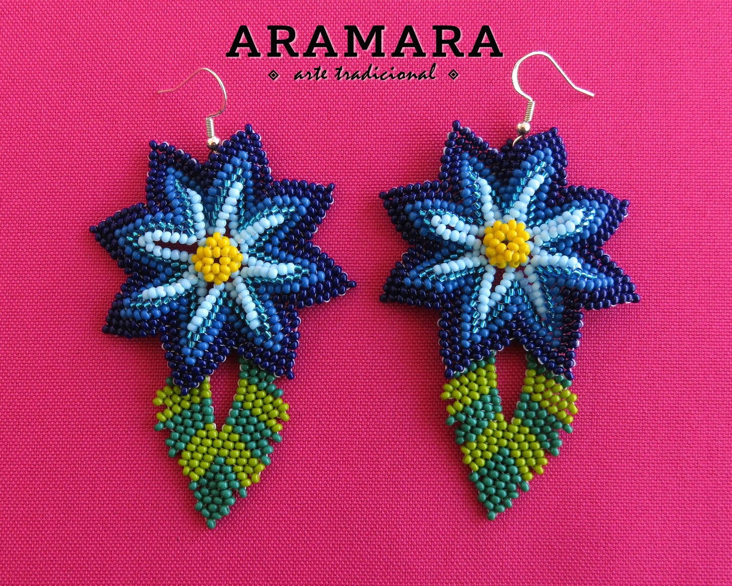 Blue Huichol Beaded Flower Earrings | AF-0912