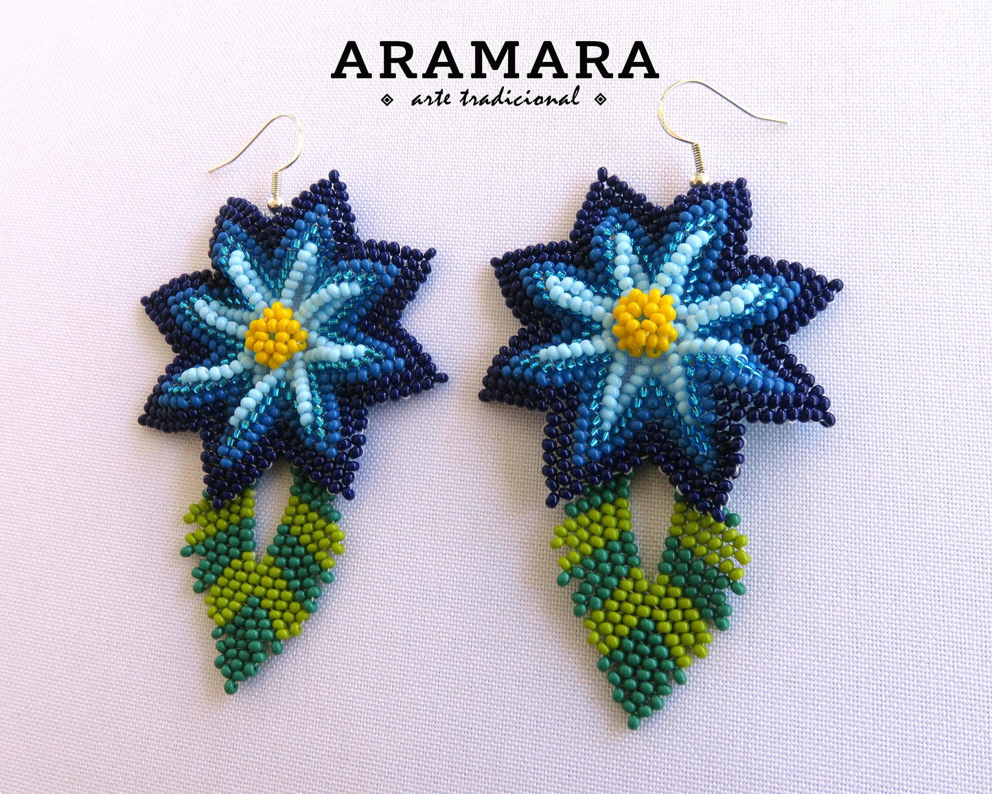 Blue Huichol Beaded Flower Earrings | AF-0912