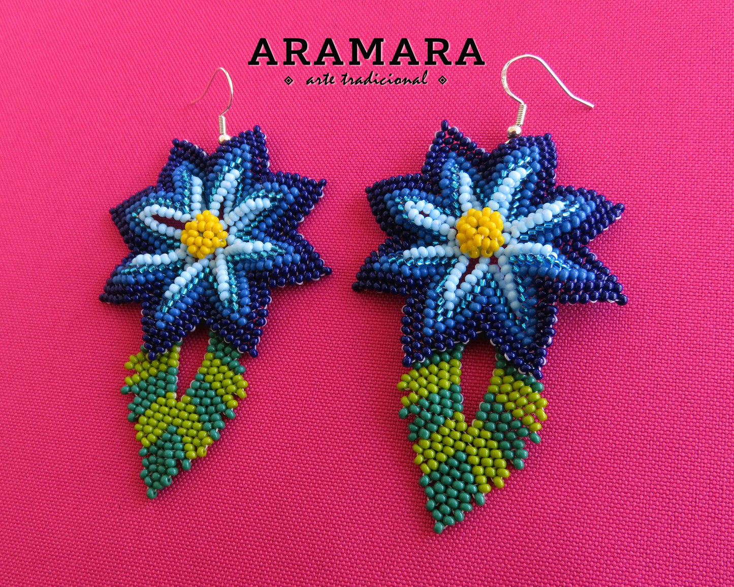 Blue Huichol Beaded Flower Earrings | AF-0912