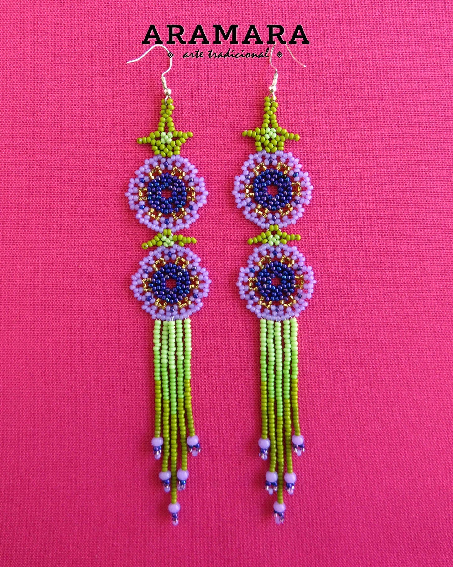 Purple and green Huichol Beaded Flower earrings | AF-0950