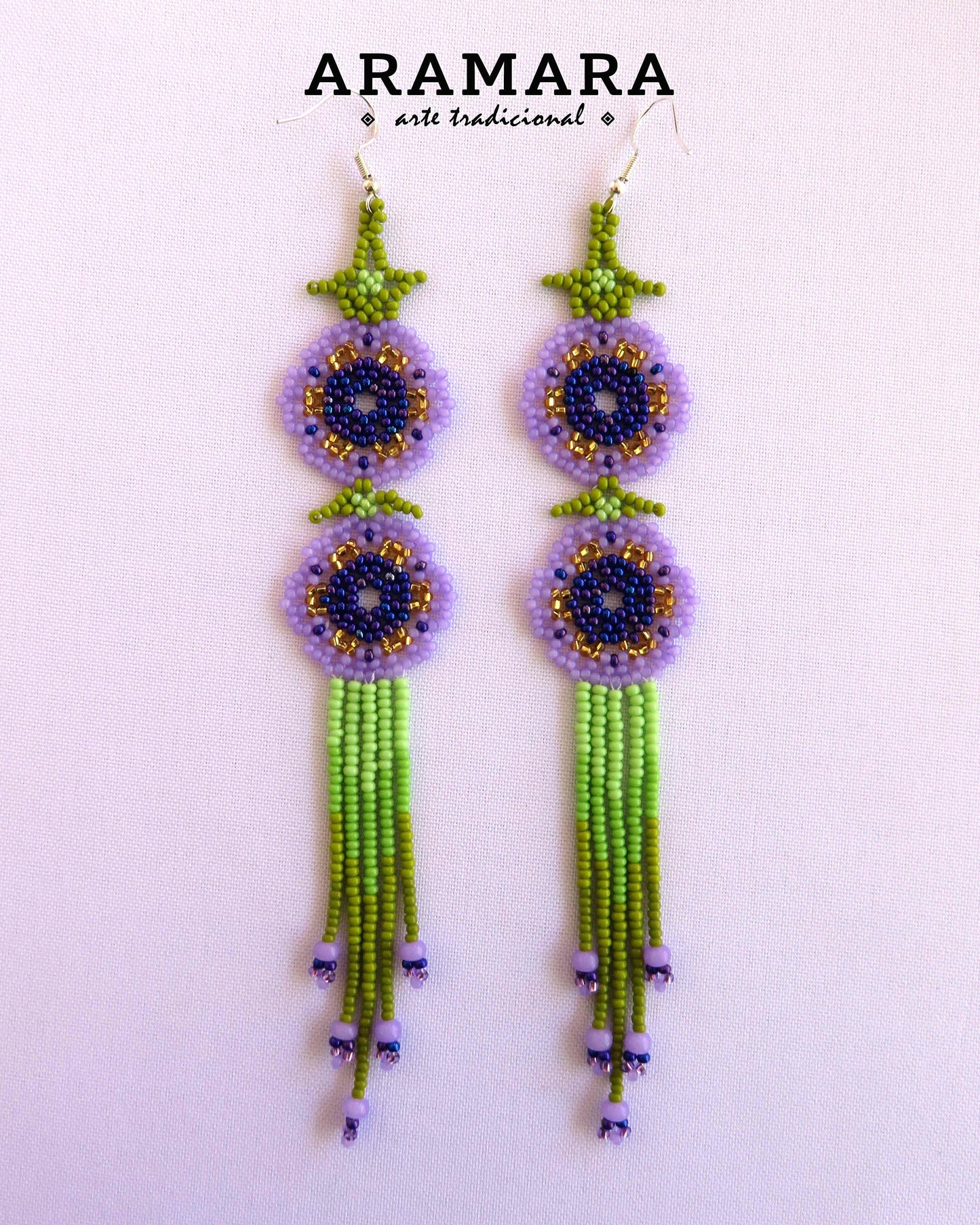 Purple and green Huichol Beaded Flower earrings | AF-0950