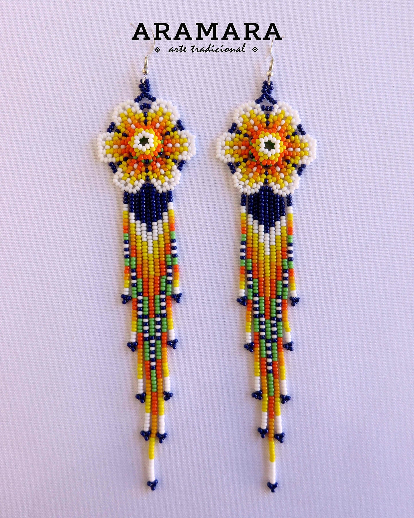 Yellow and blue Huichol Beaded Flower Earrings | AF-0859