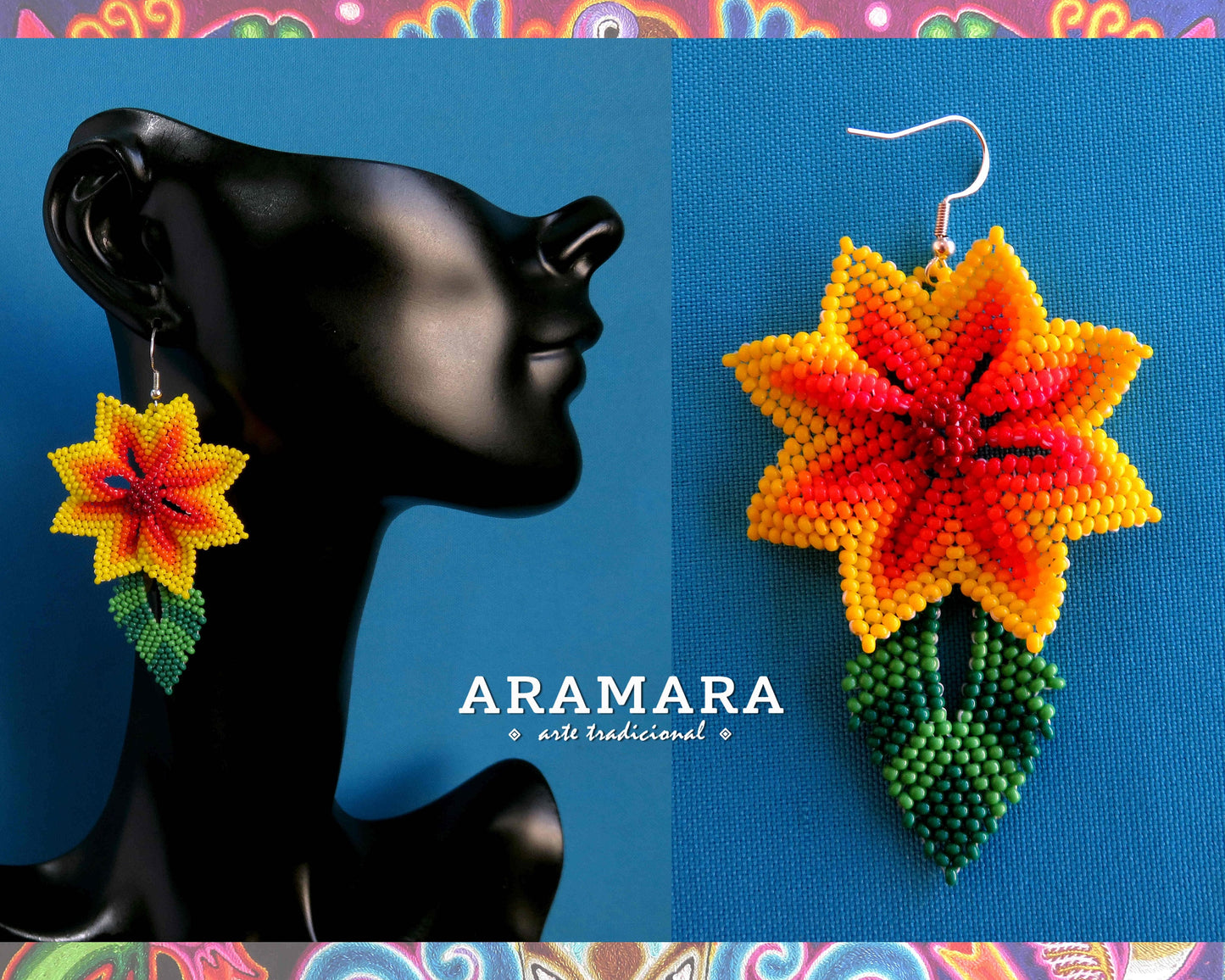 Yellow and red Huichol Earrings Beaded Flower Earrings | AF-0917