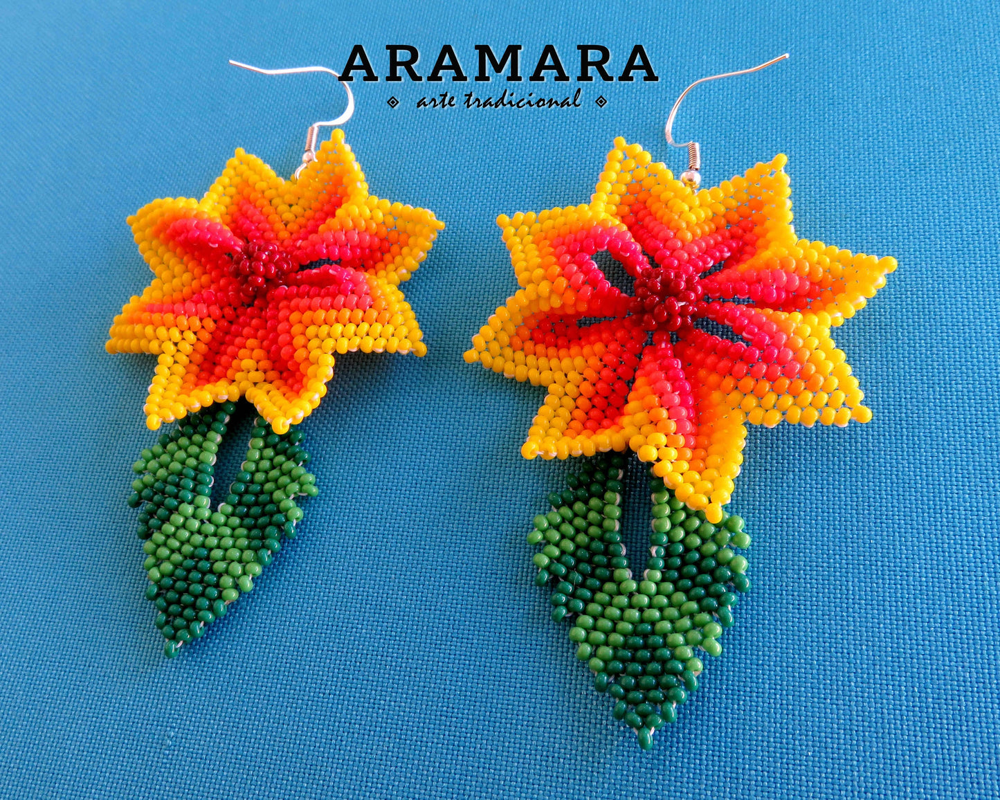 Yellow and red Huichol Earrings Beaded Flower Earrings | AF-0917