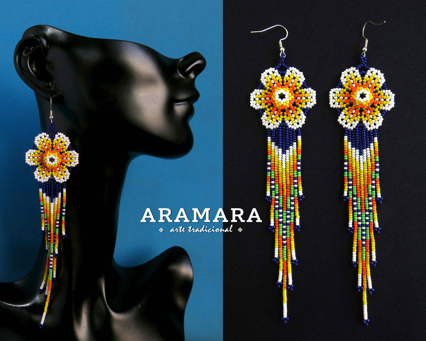 Yellow and blue Huichol Beaded Flower Earrings | AF-0859