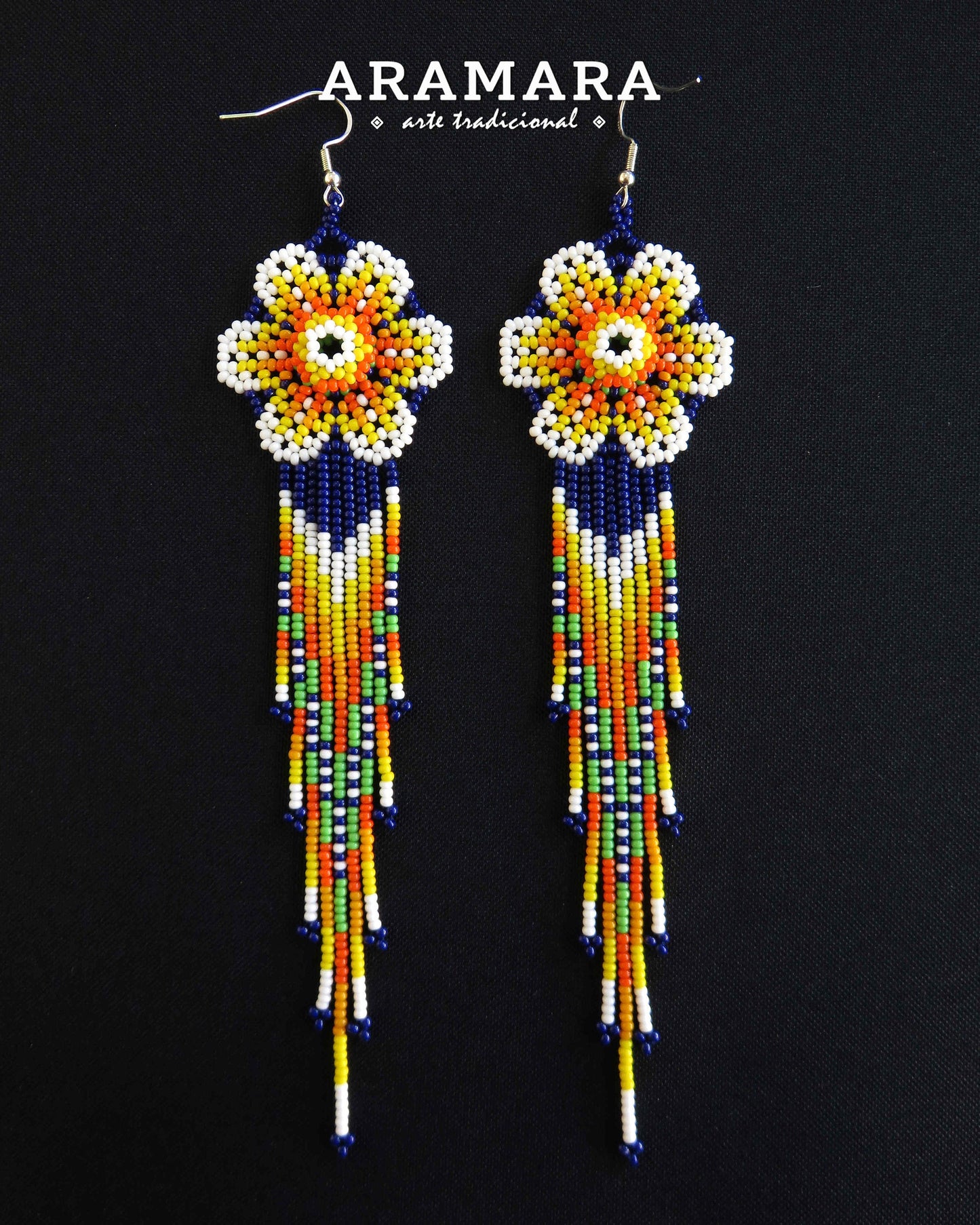 Yellow and blue Huichol Beaded Flower Earrings | AF-0859