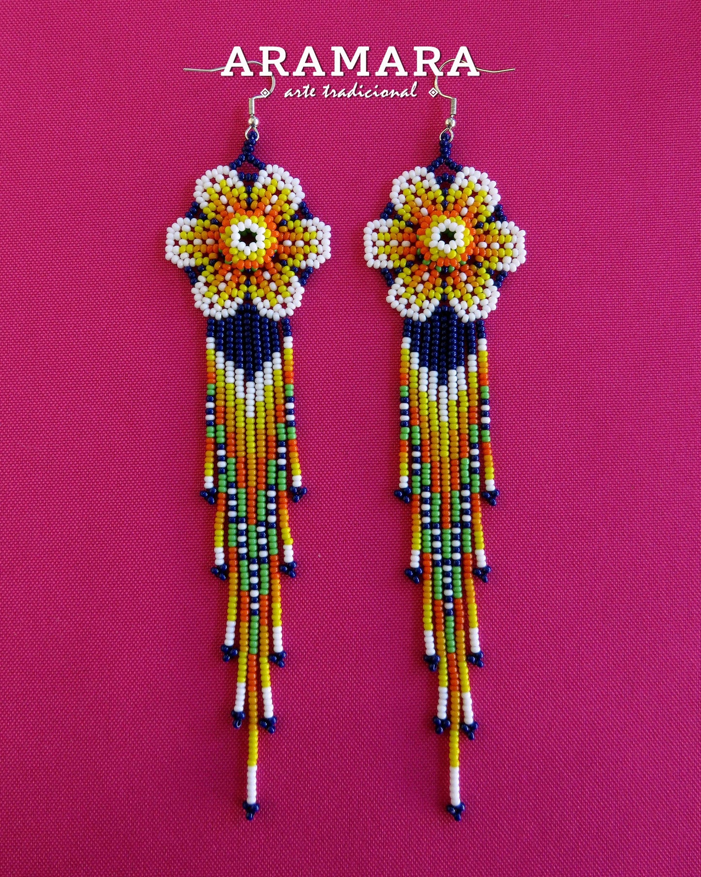 Yellow and blue Huichol Beaded Flower Earrings | AF-0859