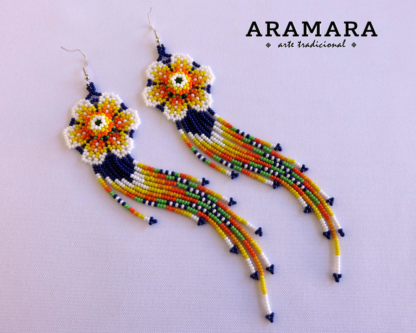 Yellow and blue Huichol Beaded Flower Earrings | AF-0859