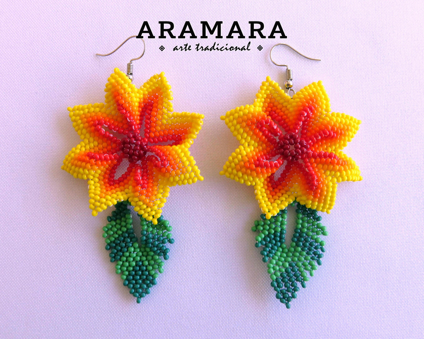 Yellow and red Huichol Earrings Beaded Flower Earrings | AF-0917