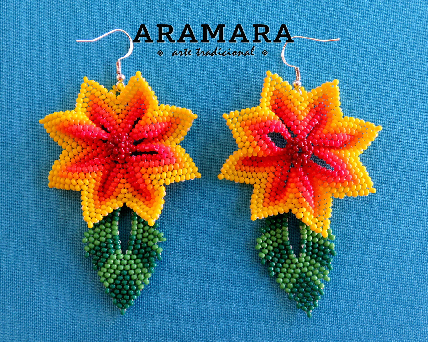 Yellow and red Huichol Earrings Beaded Flower Earrings | AF-0917