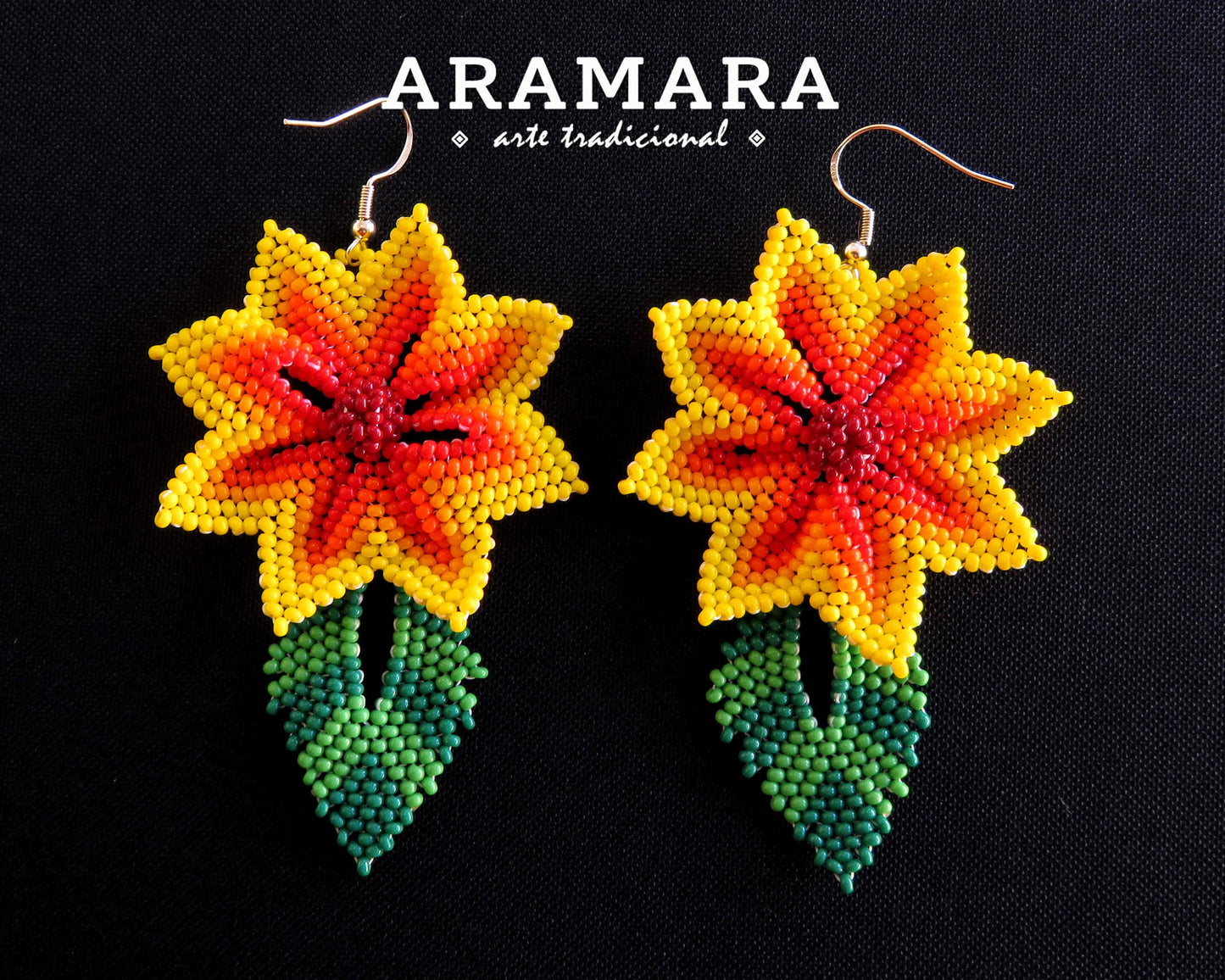 Yellow and red Huichol Earrings Beaded Flower Earrings | AF-0917