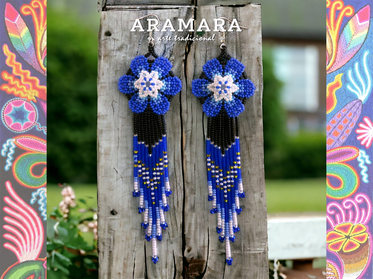 Blue and White Huichol Beaded Flower Earrings | AF-0947