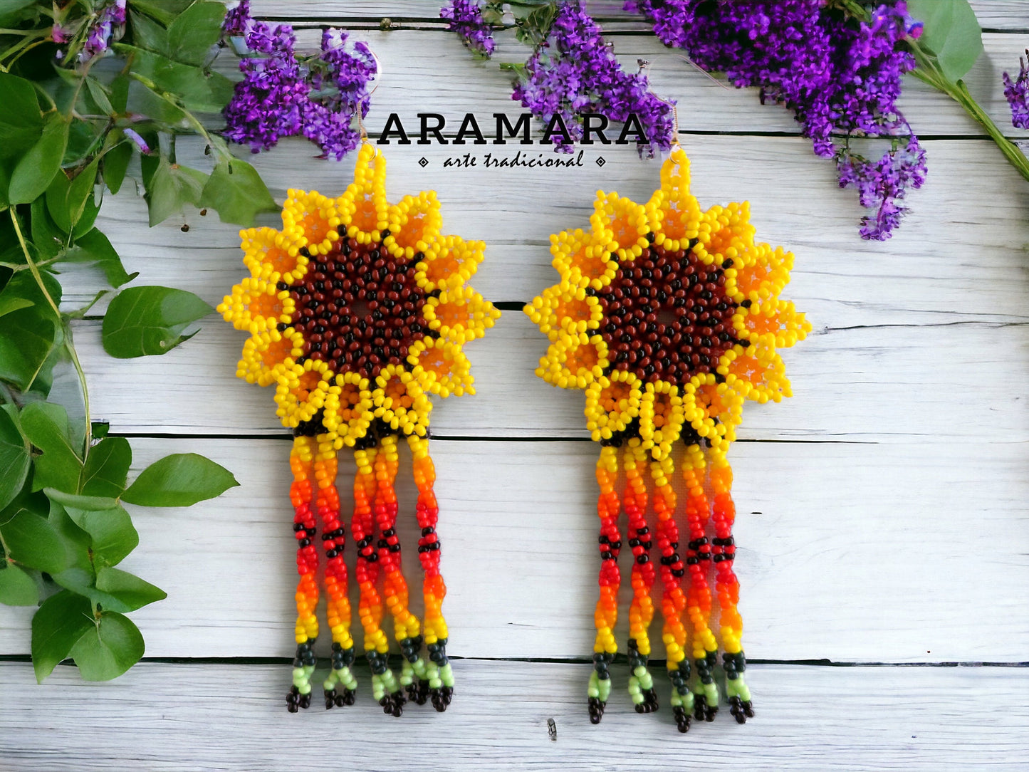 Yellow Huichol Beaded Flower Earrings | AF-0673