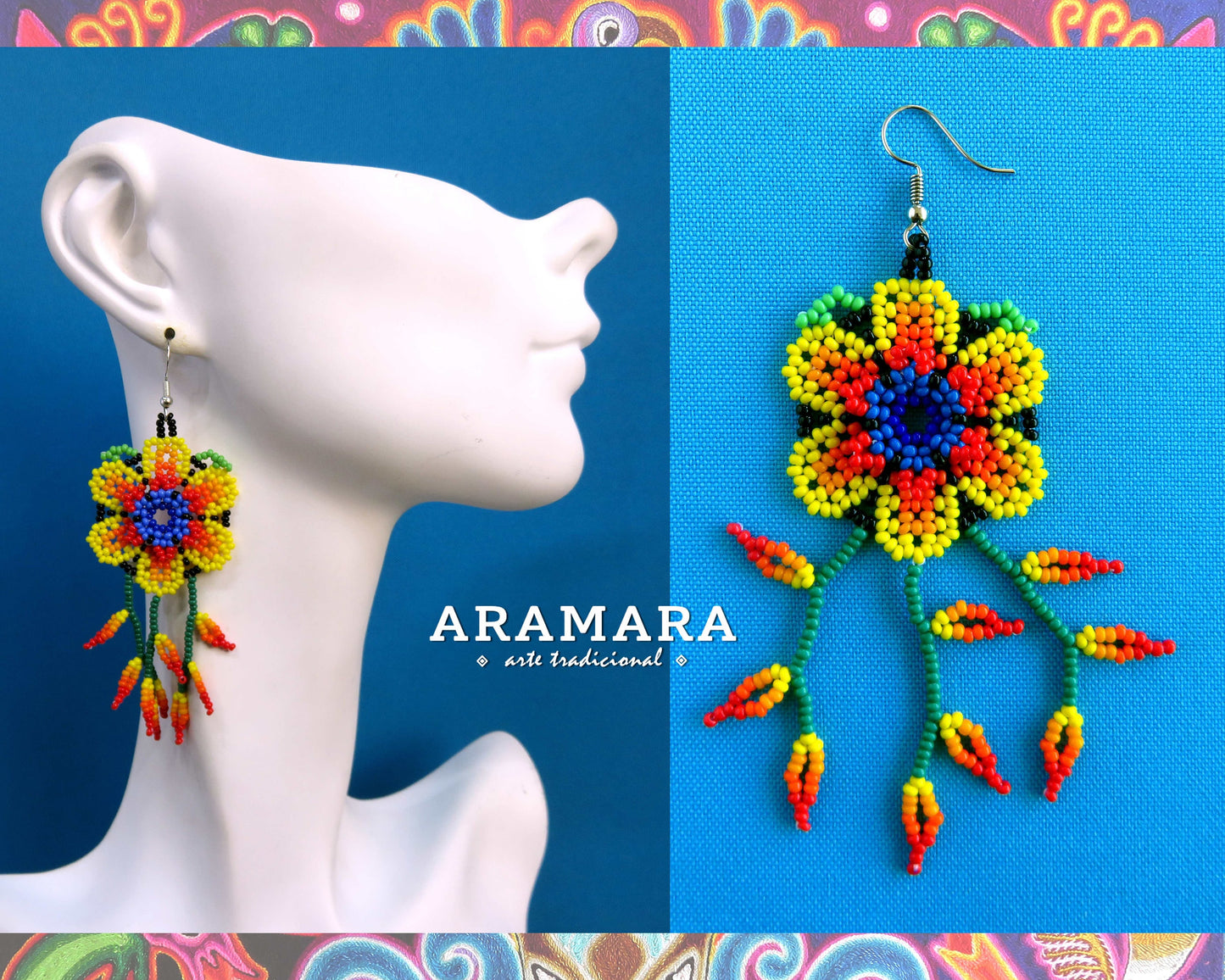 Yellow Huichol Beaded Flower Earrings | AF-0901
