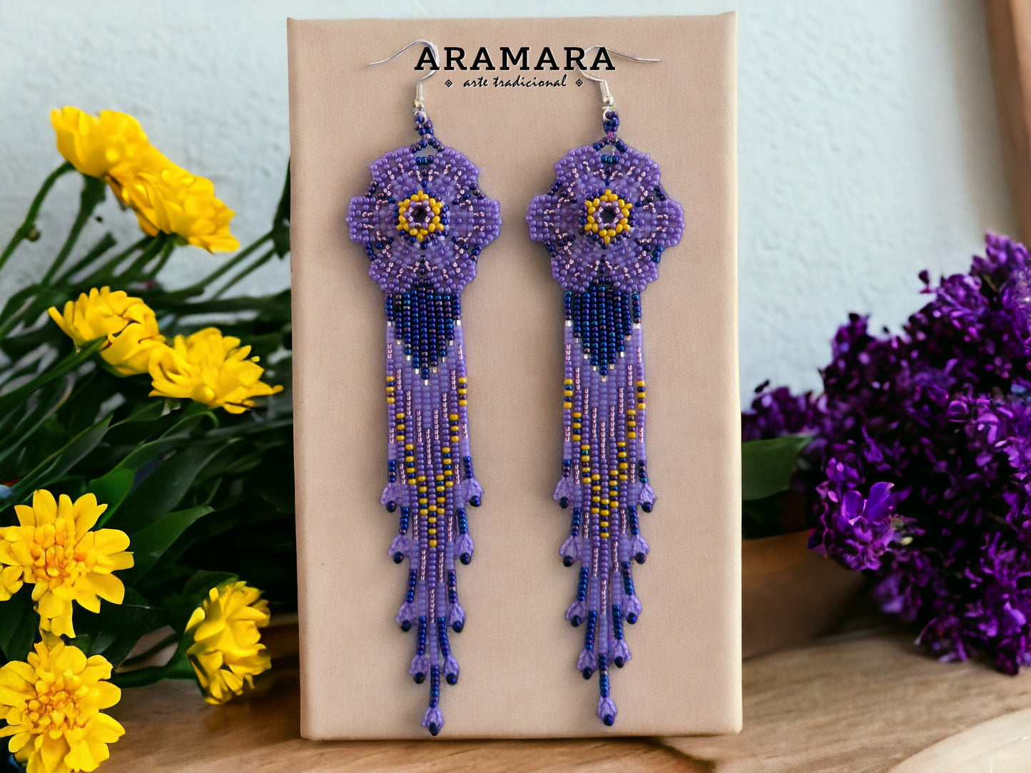 Purple and yellow Huichol Beaded Flower earrings | AF-0949