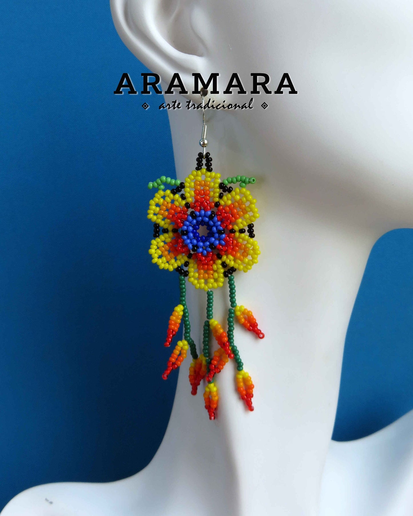 Flower Earrings, Beaded Flower, Mexican folk art, Native american earrings, Mexican Jewelry, Mexican earrings, Huichol Earrings, AF-0943