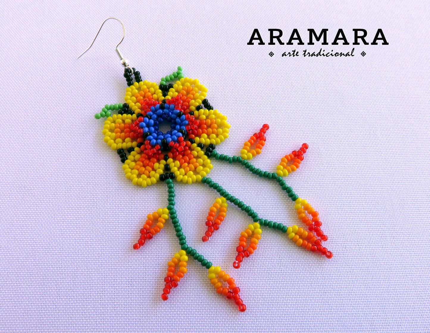 Flower Earrings, Beaded Flower, Mexican folk art, Native american earrings, Mexican Jewelry, Mexican earrings, Huichol Earrings, AF-0943