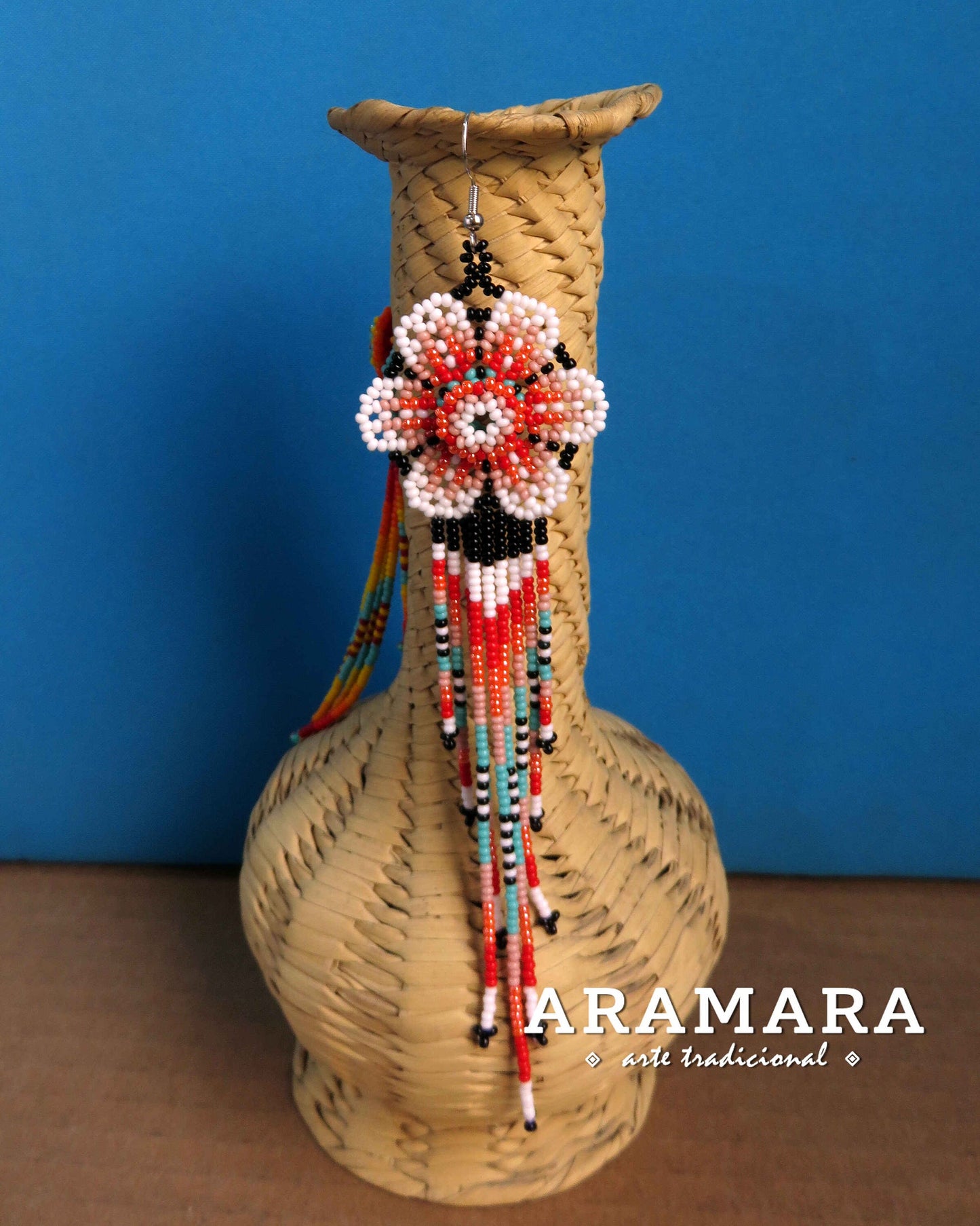 Flower Earrings, Mexican folk art, Huichol Earrings, Mexican earrings, Beaded Flower, Native american earrings, Mexican Jewelry, AF-0948