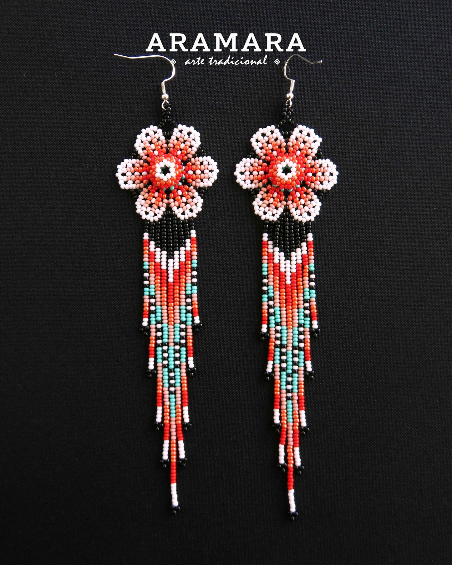 Flower Earrings, Mexican folk art, Huichol Earrings, Mexican earrings, Beaded Flower, Native american earrings, Mexican Jewelry, AF-0948