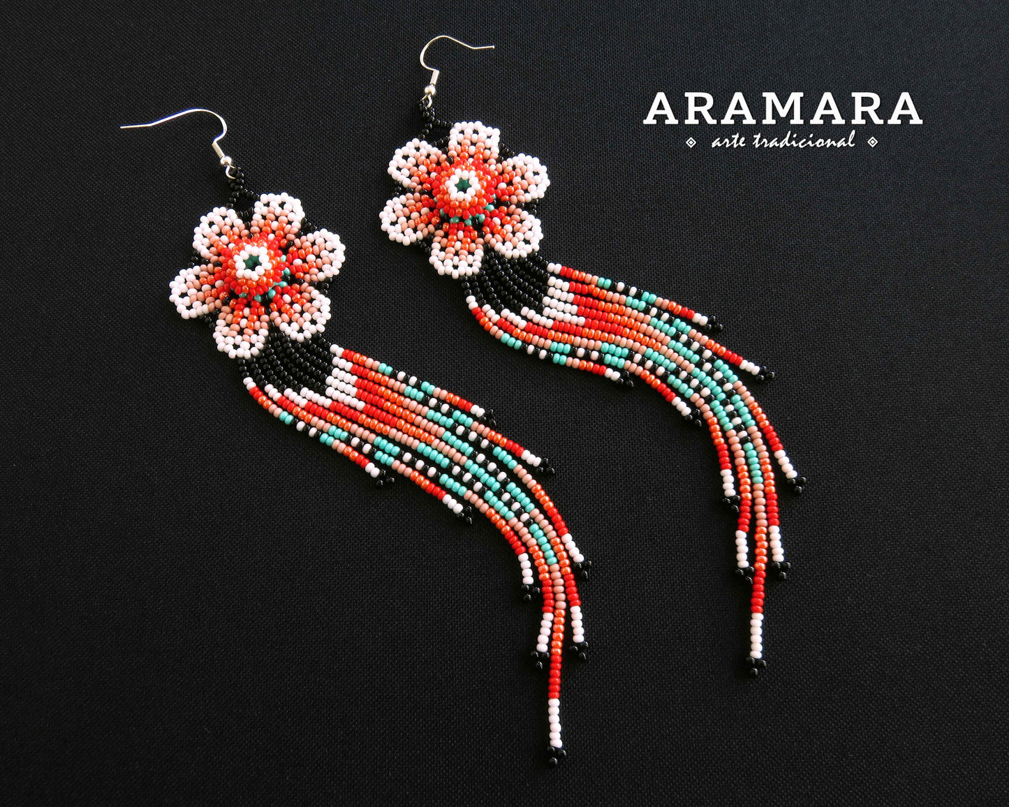 Flower Earrings, Mexican folk art, Huichol Earrings, Mexican earrings, Beaded Flower, Native american earrings, Mexican Jewelry, AF-0948