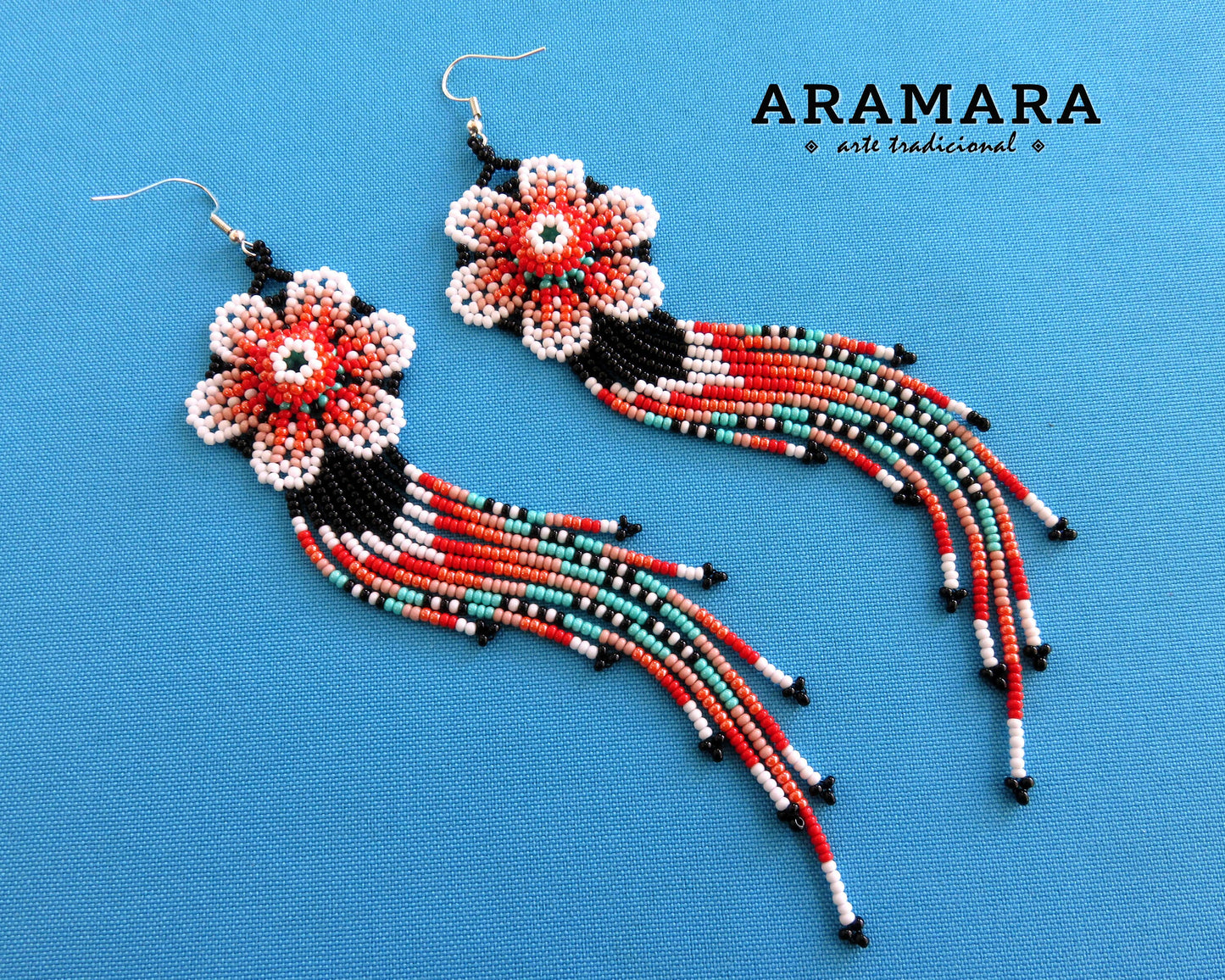 Flower Earrings, Mexican folk art, Huichol Earrings, Mexican earrings, Beaded Flower, Native american earrings, Mexican Jewelry, AF-0948