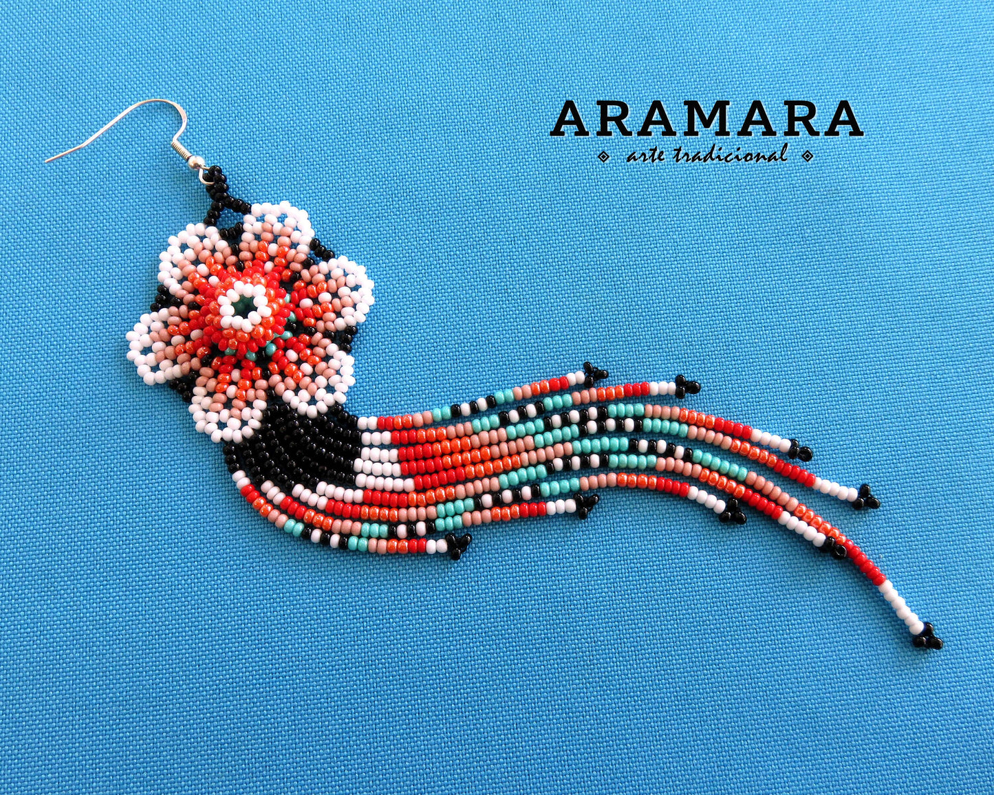 Flower Earrings, Mexican folk art, Huichol Earrings, Mexican earrings, Beaded Flower, Native american earrings, Mexican Jewelry, AF-0948